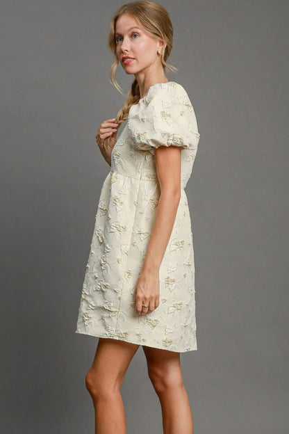 Heart Jacquard Square Neck Puff Sleeve Mini Dress - Cream - product view 3