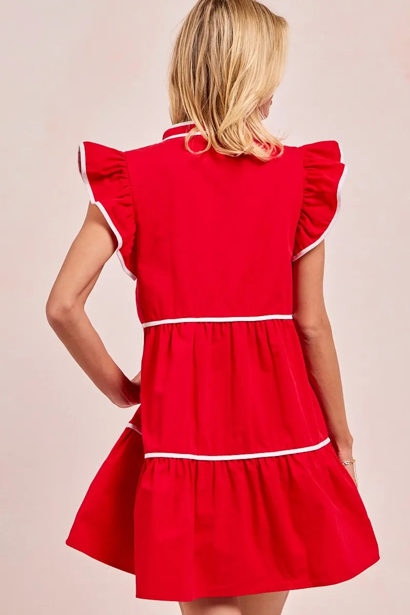 Gameday Theme Contrast Binding Ruffled Dress - Red - product view 14