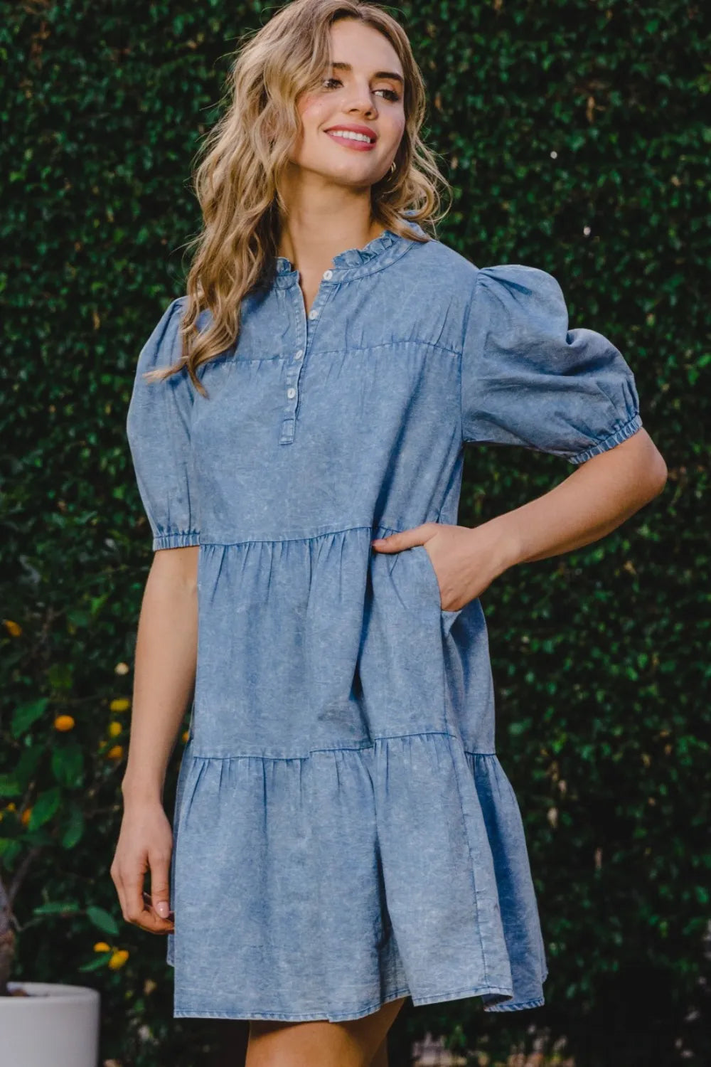 Washed Tiered Mini Denim Dress in Washed Denim - product view 4