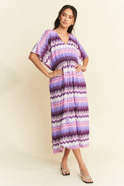 Multi Color Wavy Tie Waist Flowy Sleeve Dress - Lilac Multi - product view 1