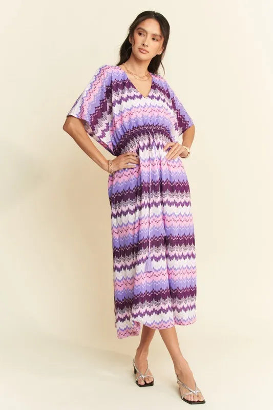 Multi Color Wavy Tie Waist Flowy Sleeve Dress - Lilac Multi - product view 1