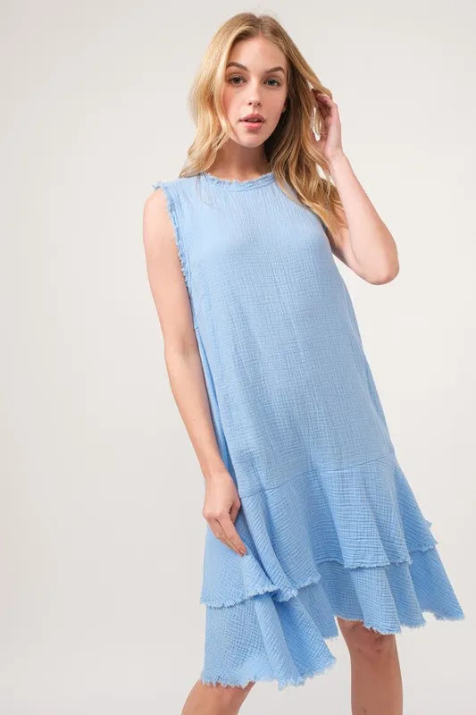Washed Fringe Detail Tiered Dress in Baby Blue - product view 3