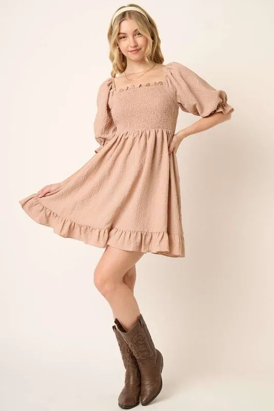 Smocked Ruffled Hem Half Sleeve Mini Dress in Taupe - product view 5