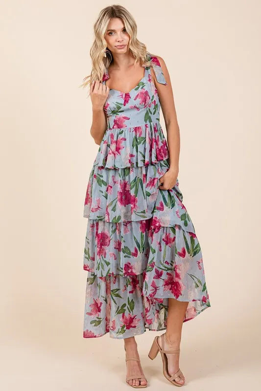 Layered Floral Sweetheart Neck Maxi Dress in Dusty Blue - product view 5