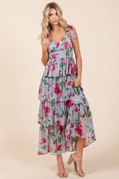 Layered Floral Sweetheart Neck Maxi Dress in Dusty Blue - product view 5
