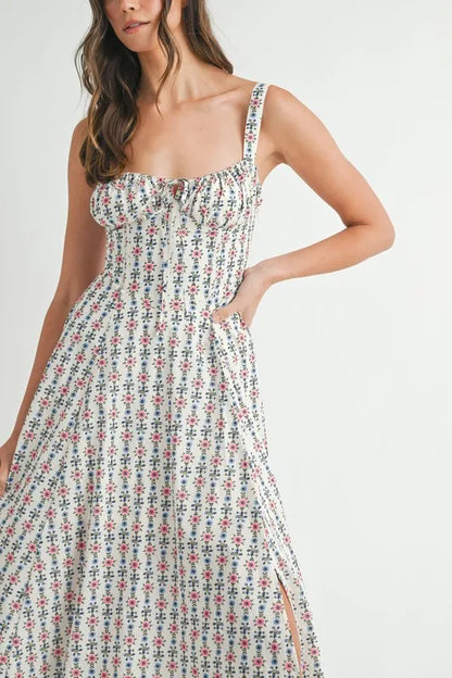 Floral Print Bustier Back Lace Up Midi Dress - Cream - product view 12