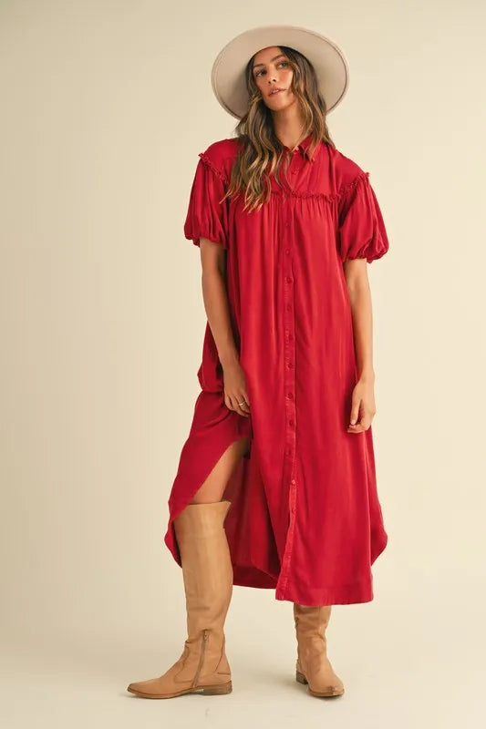 Mineral Washed Button Down Puff Sleeve Shirt Dress - Deep Red - product view 2