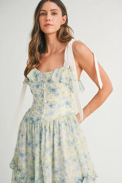 Floral Printed Shoulder Strap Midi Dress in Blue - product view 10