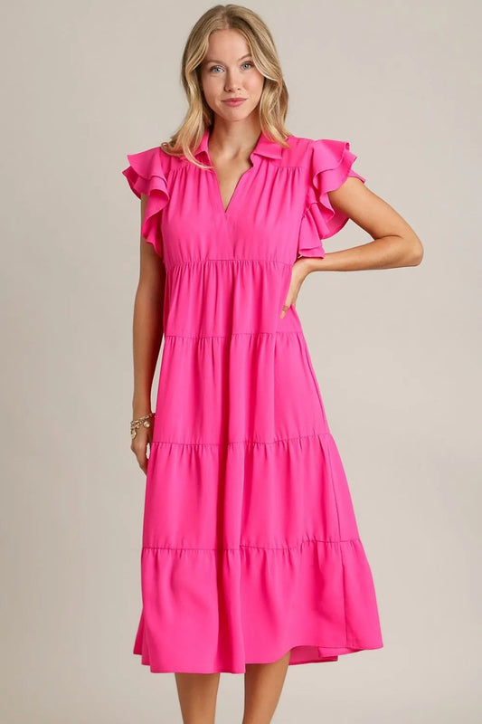 Full Size Johnny Collar Ruffle Cap Sleeve Tiered Dress Plus Size - Hot Pink - Umgee USA - Style 11036 - product view 1
