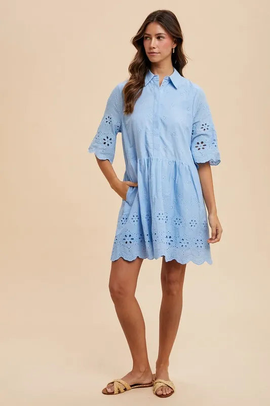 Embroidered Scallop Edge Detail Mini Shirt Dress - Sky - product view 5