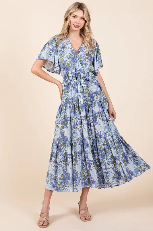 Floral Tie Waist Flutter Sleeve Tiered Dress in Dusty Blue - product view 4