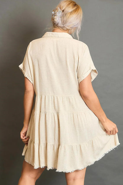 Full Size Raw Hem Folded Sleeve Tiered Dress Plus Size - Oatmeal - product view 3