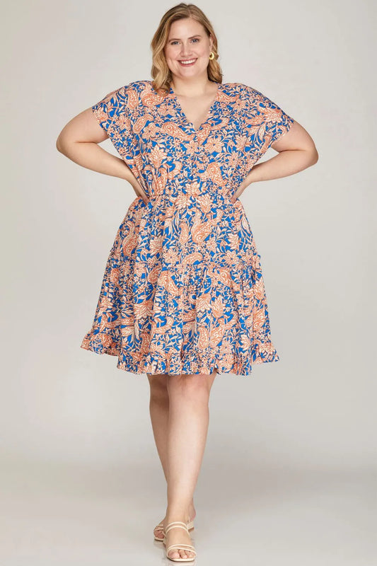 Full Size Ruffled Hem Printed Surplice Kimono Sleeve Mini Dress Plus Size - Royal Blue - product view 2