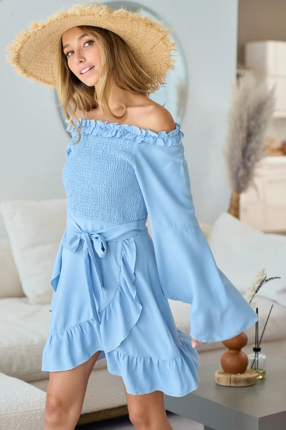 Smocked Ruffled Front Tie Mini Dress in Ice Blue - product view 4