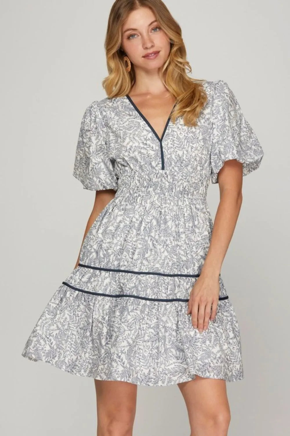 Full Size Printed V-Neck Puff Sleeve Tiered Dress Plus Size - Deep Teal - product view 1