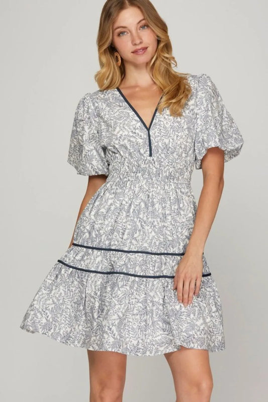 Full Size Printed V-Neck Puff Sleeve Tiered Dress Plus Size - Deep Teal - product view 1