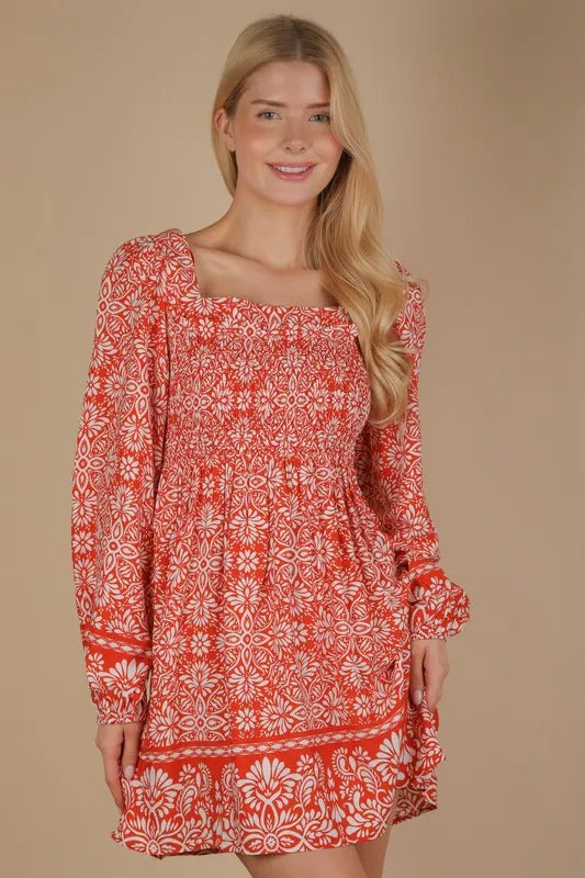 Printed Smocked Chest Boho Mini Dress - Rust - product view 1