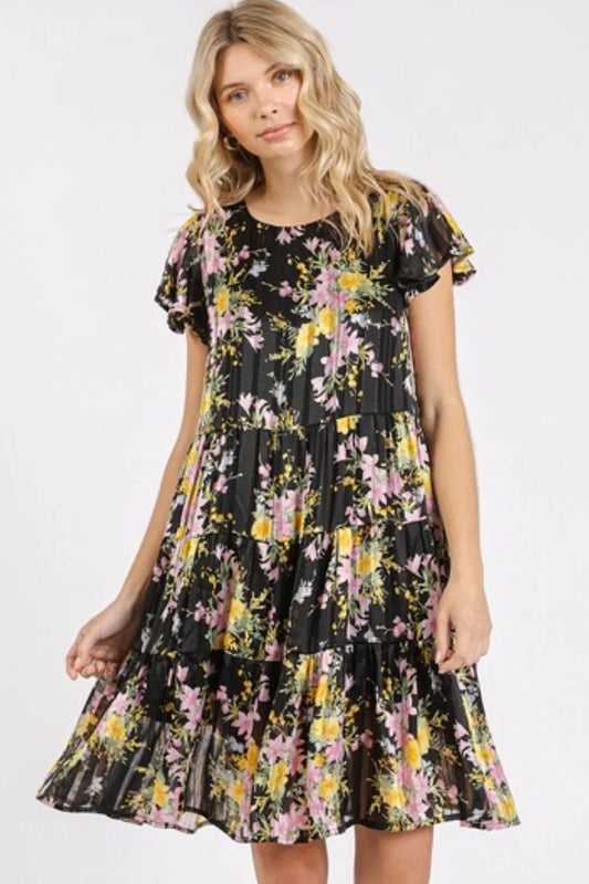 Flower Print Round Neck Flutter Sleeve Tiered Dress in Black - product view 1