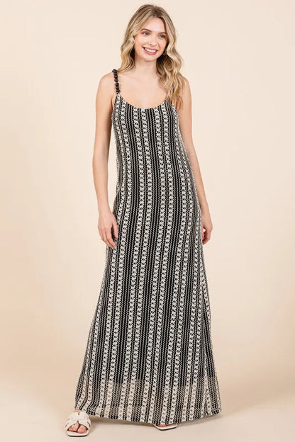 Plus Size Striped Scoop Neck Beaded Strap Maxi Cami Dress in Black - product view 1