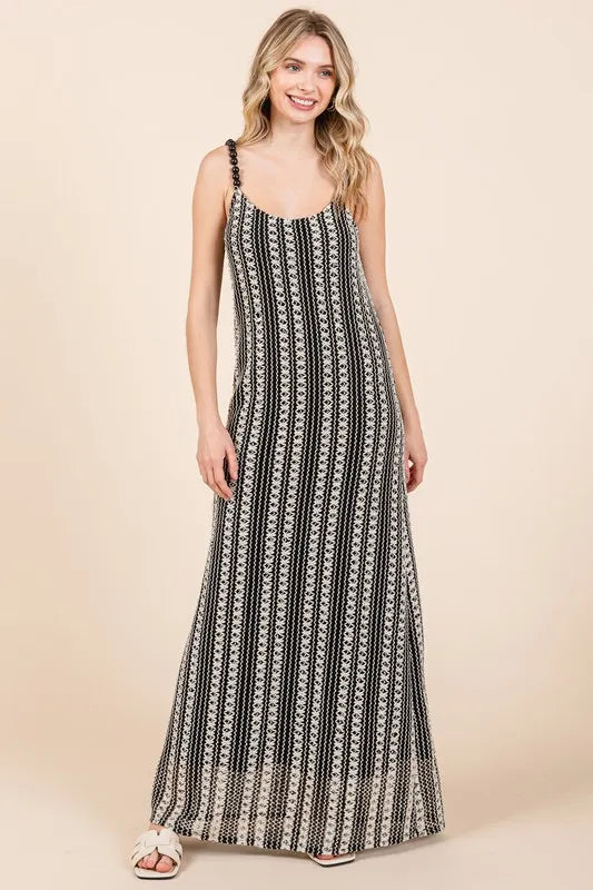 Plus Size Striped Scoop Neck Beaded Strap Maxi Cami Dress in Black - product view 1