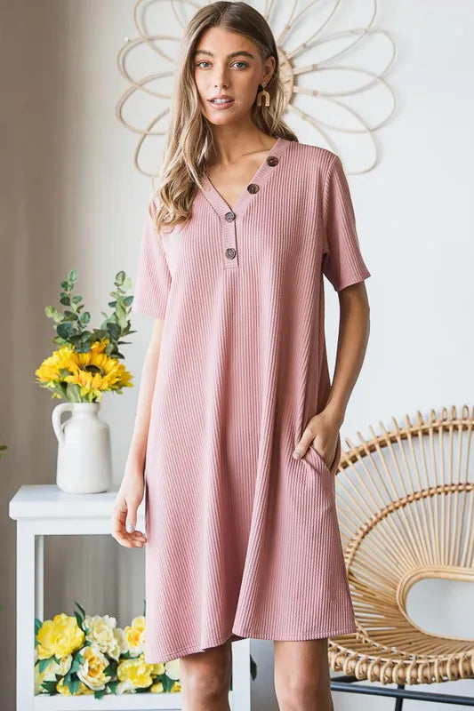 Full Size Solid Ribbed Mini Dress with Button Plus Size in Rose - product view 4