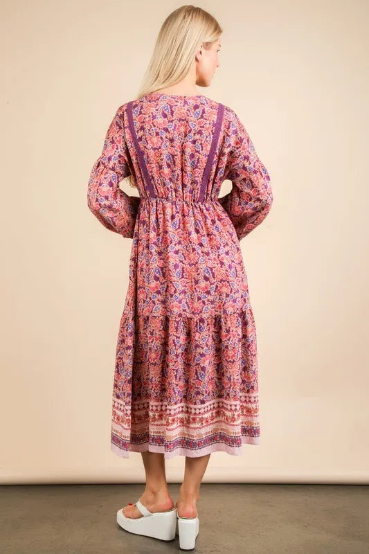 Floral Printed Boho V-Neck Balloon Sleeve Dress in Purple Mix - product view 4