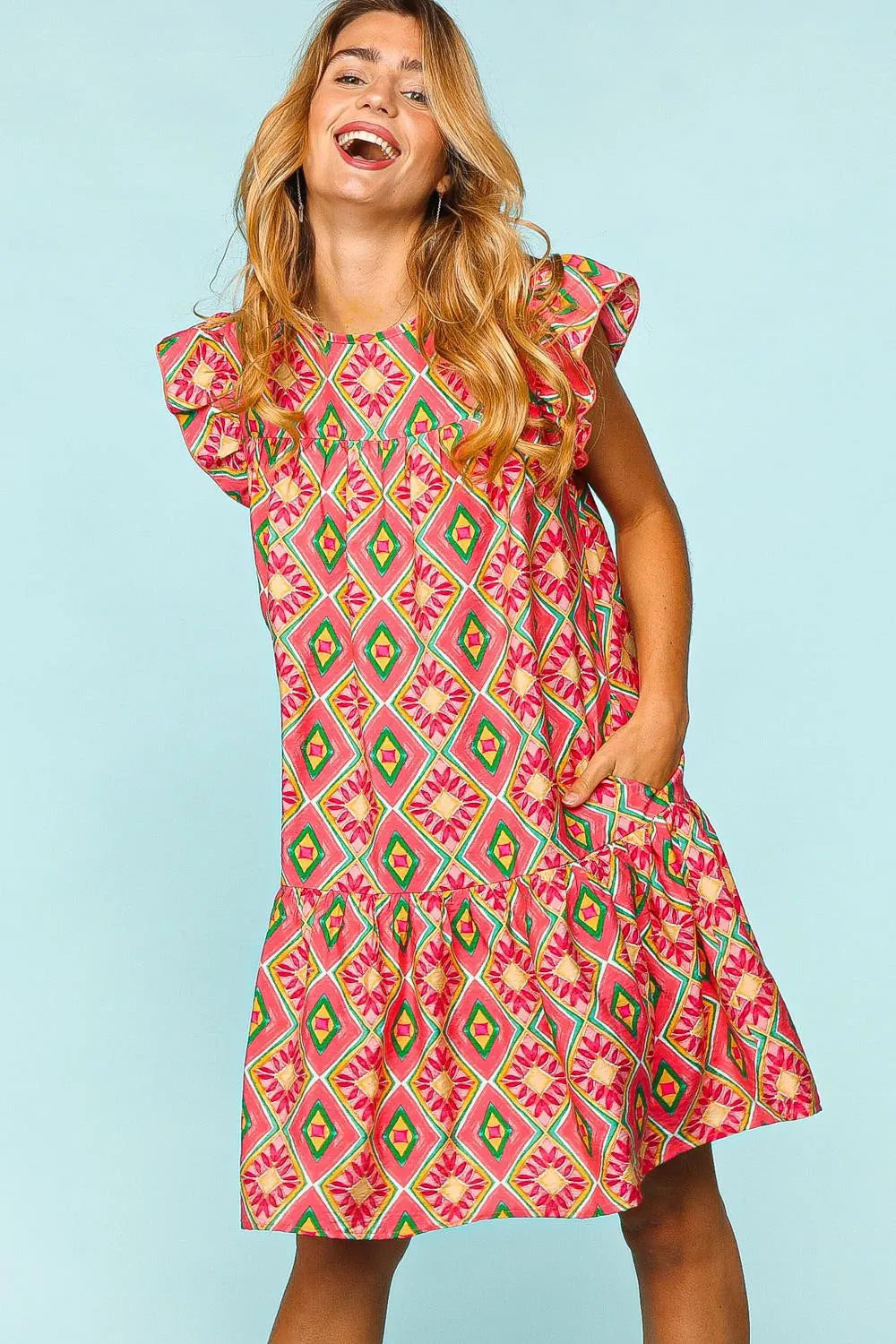 Full Size Ruffled Printed Dress with Side Pockets in Coral - product view 1