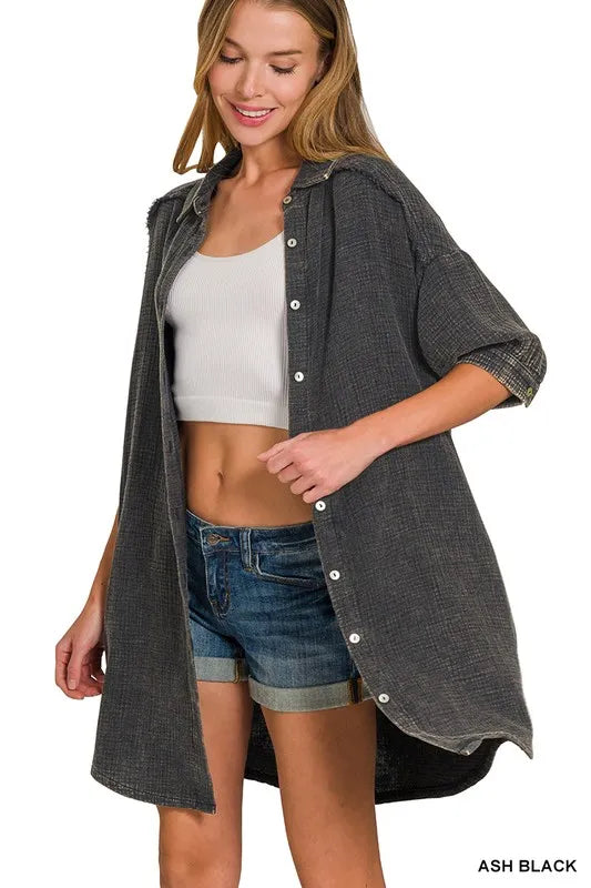 Washed Double Gauze Button Down Shirt Dress - Ash Black - product view 2