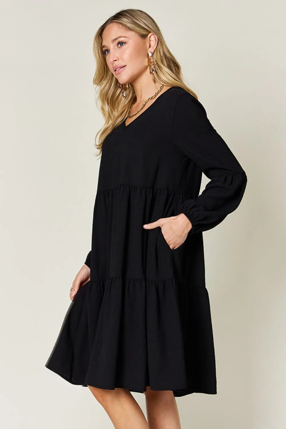 Full Size V-Neck Balloon Sleeve Tiered Dress with Pockets in Light Green, Pink and more - product view 22