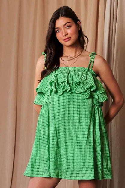 Textured Jacquard Checker Fabric Ruffled Dress in Ibiza Green - product view 5