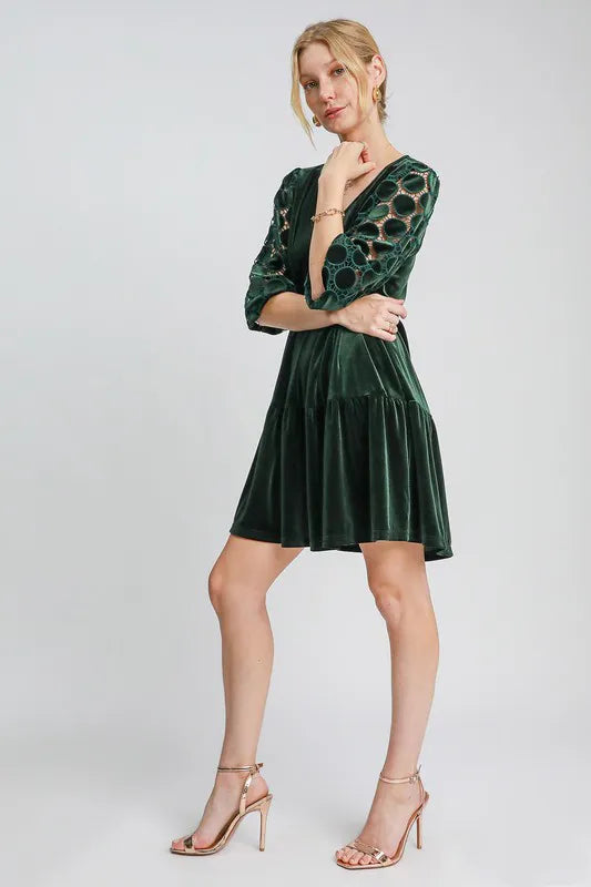 Dotted Lace Sleeve Tiered Velvet Mini Dress - Dark Green - product view 3