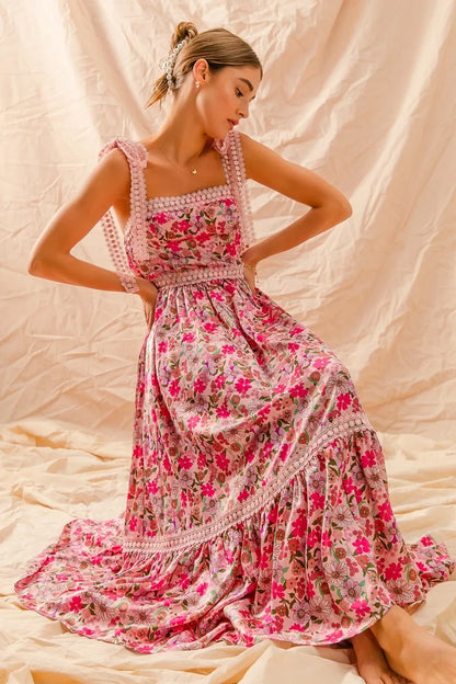 Floral Maxi Dress With Ribbon Tie Lace Strap in Pink Combo - product view 7