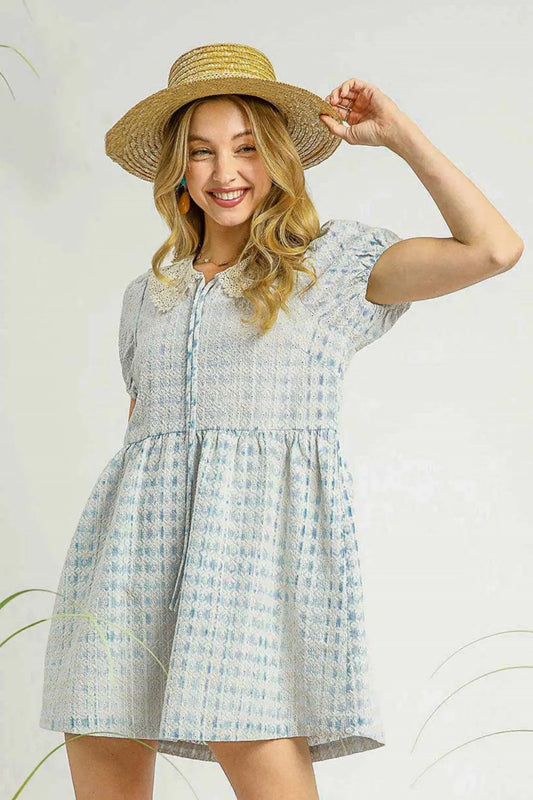 Lace Detail Short Puff Sleeve Mini Dress in Sky Blue - product view 1