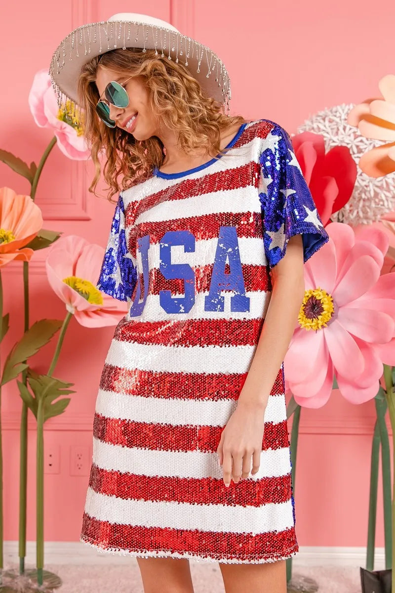 American Flag Theme Usa Print Sequin Dress - product view 3