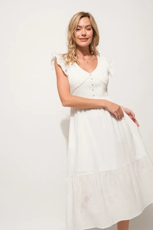Ruffle Sleeve Front Smocked Tiered Midi Dress in Off White - product view 4