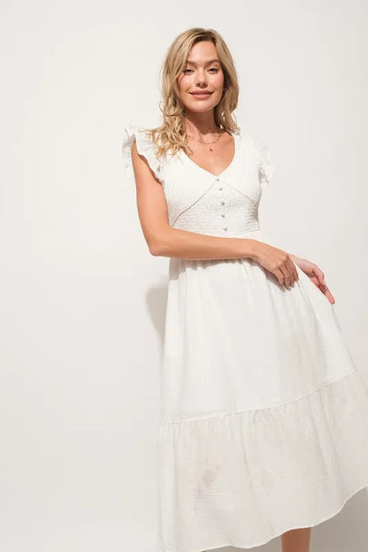 Ruffle Sleeve Front Smocked Tiered Midi Dress in Off White - product view 4