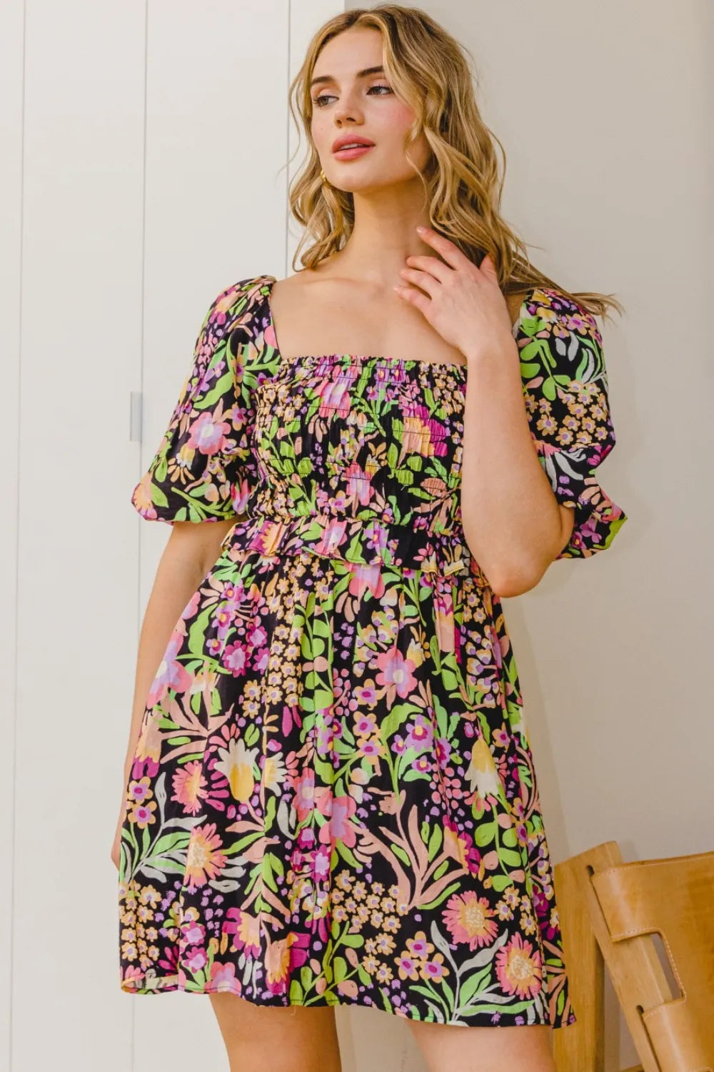 Full Size Floral Tie-Back Mini Dress in Black Multi - product view 5