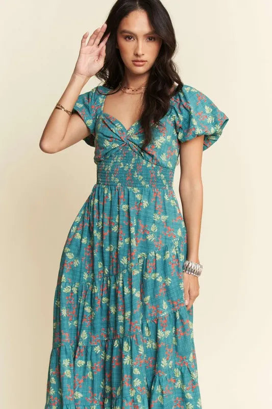 Lightweight Sweetheart Neck Textured Tiered Maxi Dress in Teal Green - product view 7