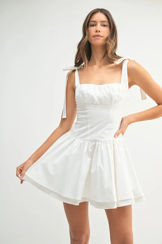 Shoulder Tie Corset Panel Mini Dress in Off White - product view 1