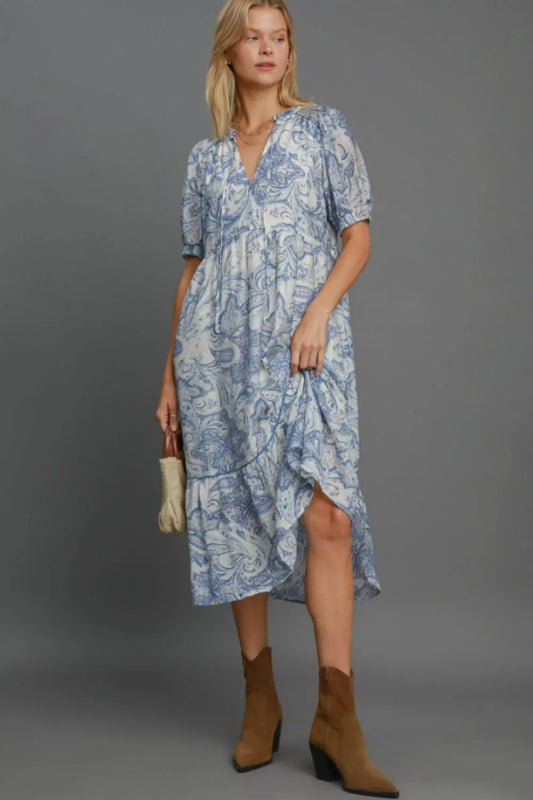 Full Size Printed Puff Short Sleeve Midi Dress Plus Size - Blue Mix - product view 1