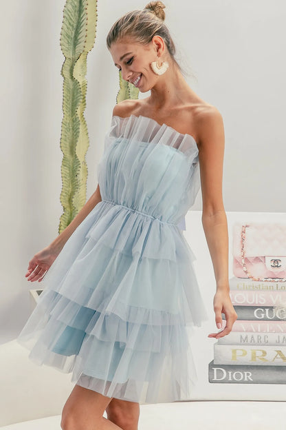 Sleeveless Layered Organza Dress in Sky Blue - product view 13