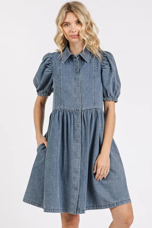 Button Down Puff Sleeve Denim Dress - product view 1
