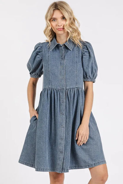 Button Down Puff Sleeve Denim Dress - product view 1