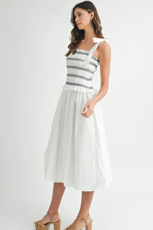 Smocked Bodice Bubble Midi Dress in Off White - product view 7