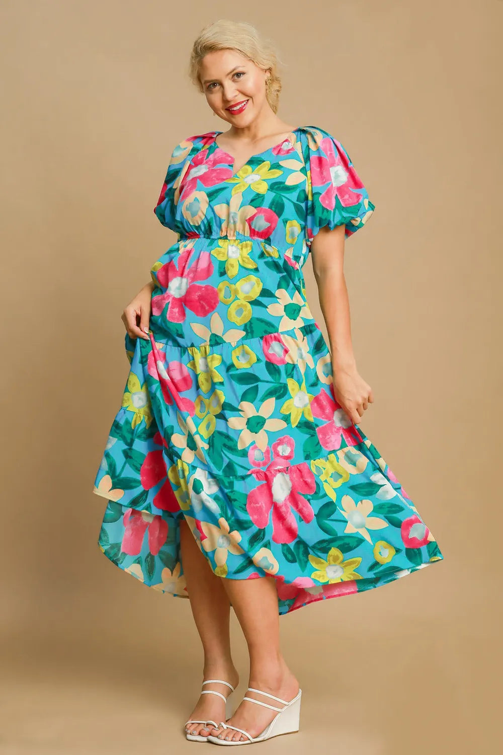 Full Size Tiered Floral Print Notched Puff Sleeve Midi Dress Plus Size - Azuremix - product view 4