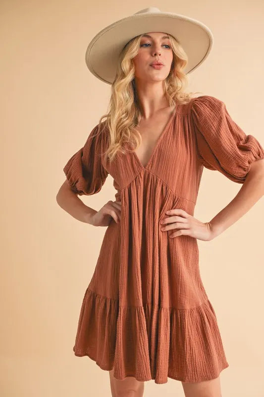 Tied Back Ruffled Short Sleeve Mini Dress - Terracotta - product view 1
