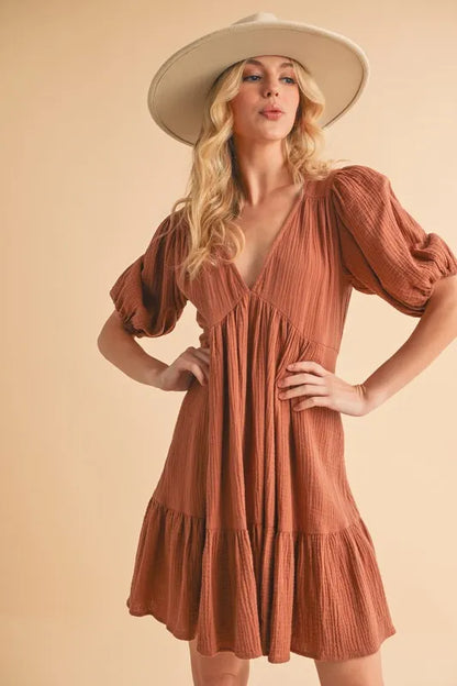 Tied Back Ruffled Short Sleeve Mini Dress - Terracotta - product view 1