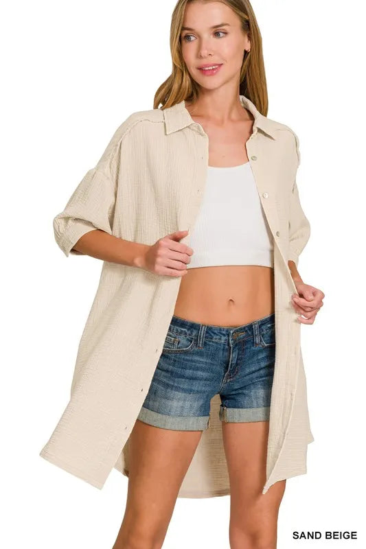Washed Double Gauze Button Down Shirt Dress - Sand Beige - product view 4
