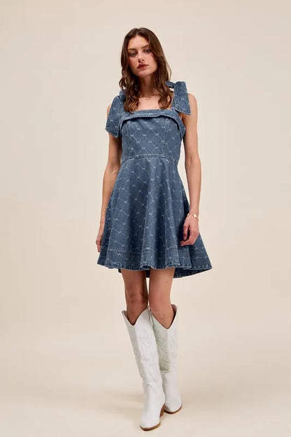 A-Line Fit and Flare Diamond Bow Ribbon Denim Dress - product view 1