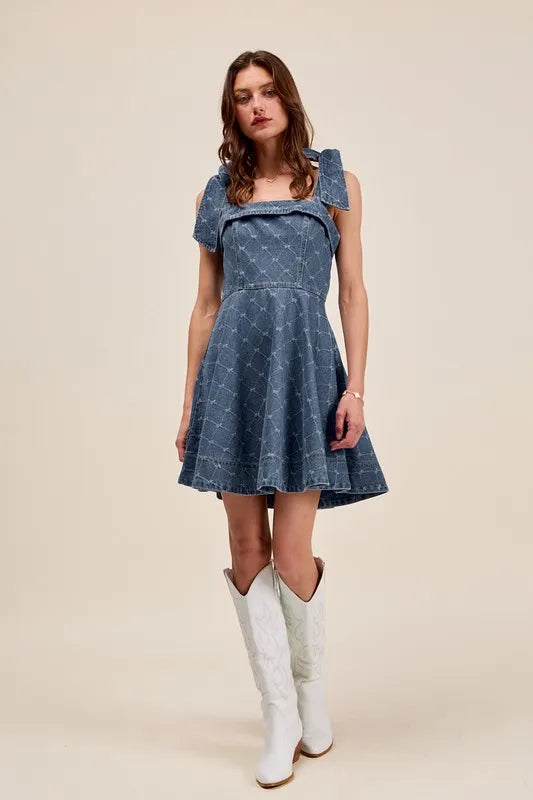 A-Line Fit and Flare Diamond Bow Ribbon Denim Dress - product view 1